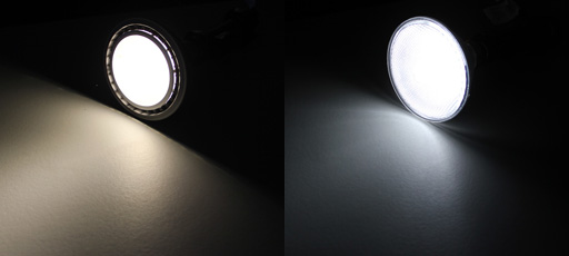 LED and Halogen bulbs side by side illuminated